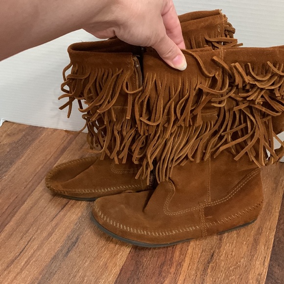 Minnetonka Shoes - Minnetonka brown fringed suede, zipper sides, rubber soles sz9, tassels in back
